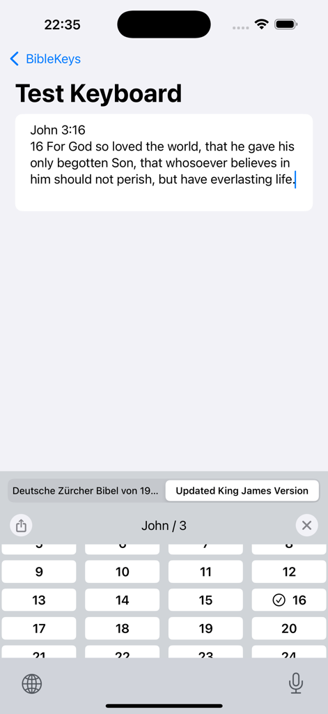 BibleKeys - BibleKeys app showing a custom keyboard for inserting scripture verses like John 3:16 directly into a note