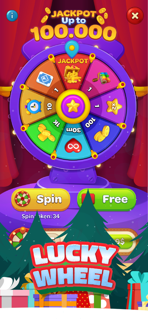 Triple Minded: 3D Sorting Game - Lucky wheel mini game in Triple Minded showing potential rewards like coins boosters and a jackpot