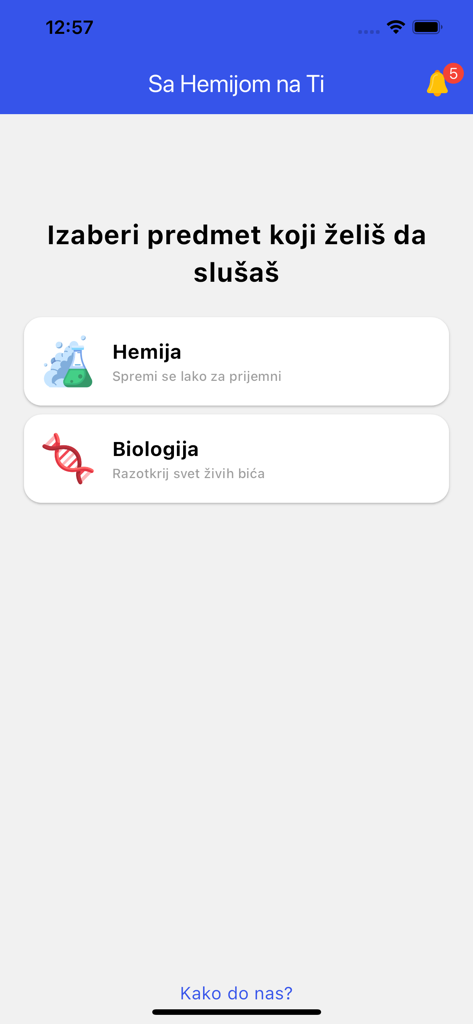 Sa Hemijom Na Ti - Home screen of the Sa Hemijom Na Ti educational app featuring Chemistry and Biology subject selection.