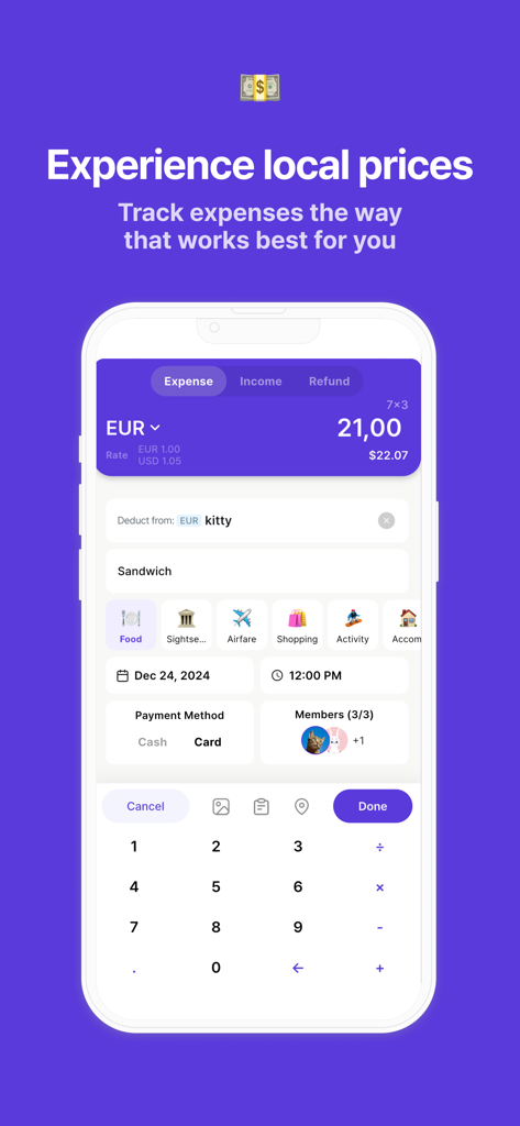A mobile app interface for logging travel expenses with real time currency conversion and category selection