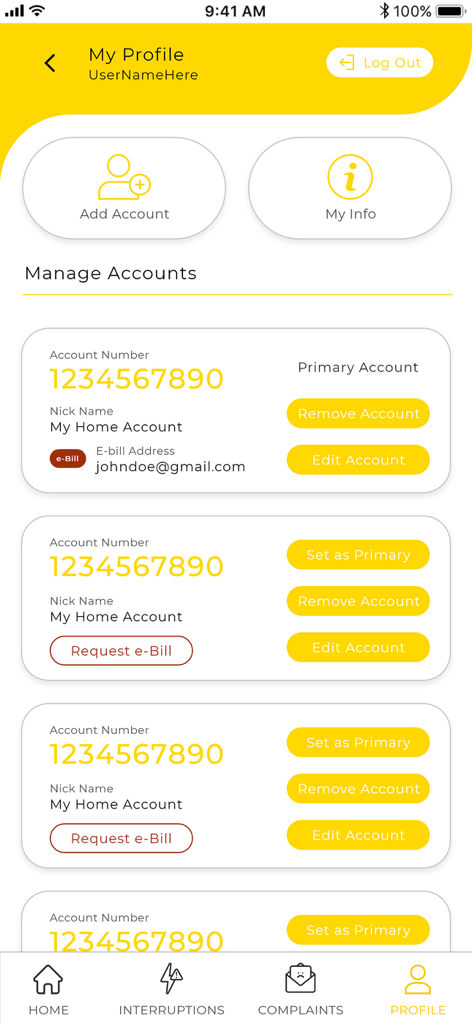 My Leco App - Profile section of My Leco App showing multiple electricity account management options