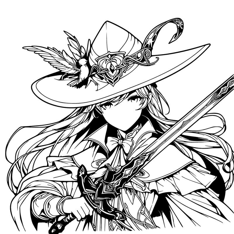 a realistic fantasy manga queen witch with a sword