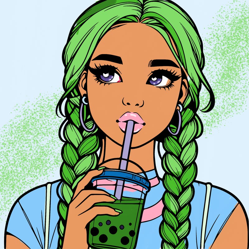 realistic girl with braided hair drinking boba