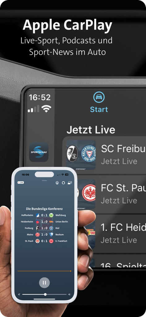 SPORTSCHAU - iPhoneとApple CarPlayに表示されたSportschauアプリ、ライブのブンデスリーガオーディオ解説とスコア付き