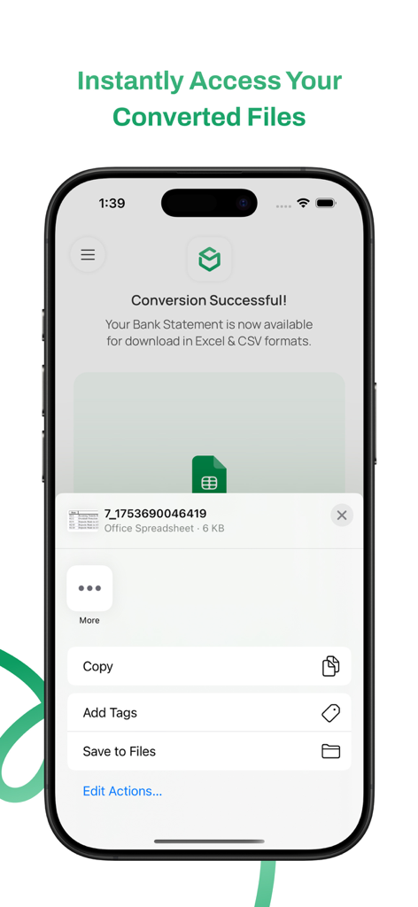 Stmtアプリのスマートフォン画面に、銀行明細書の変換がExcelスプレッドシートに成功したことが表示され、保存オプションが表示されています