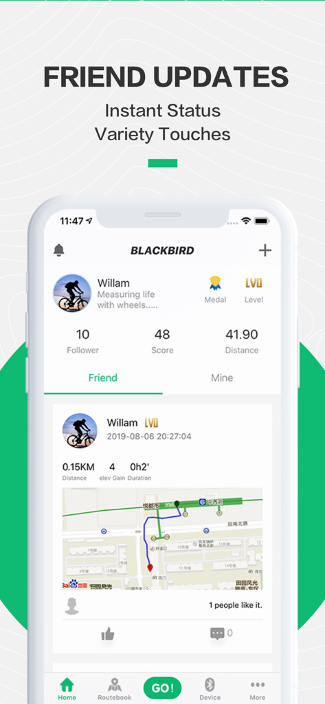 BlackbirdSport - BlackbirdSport app screen showing cycling friend updates with activity map and statistics