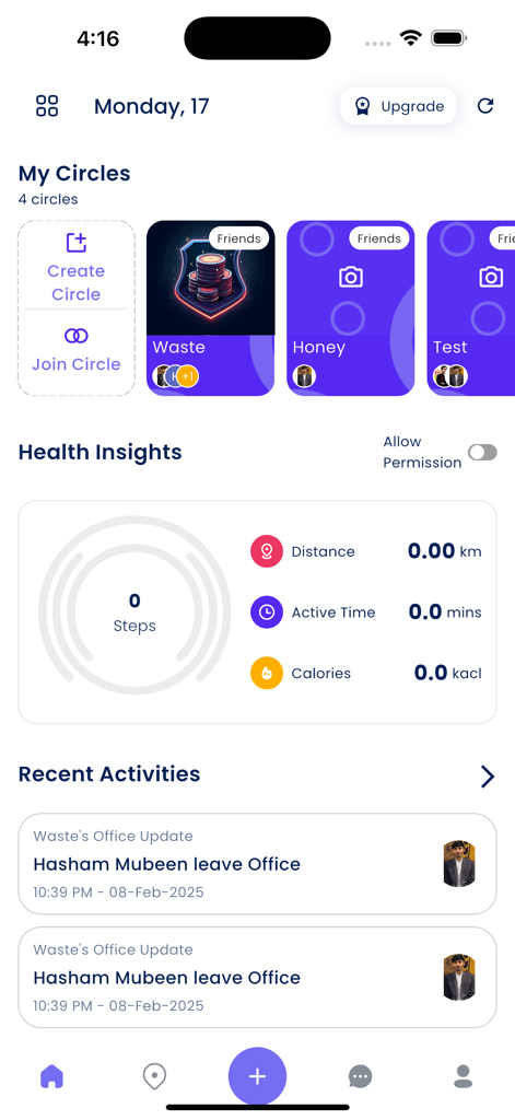 Family Circle - Family Circle app dashboard displaying family groups health insights and recent member activities