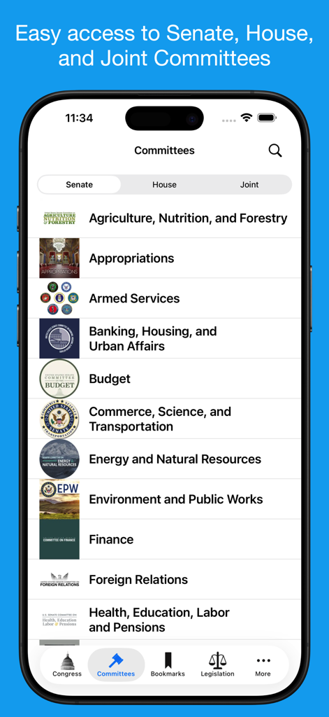 Congress Pro - Screenshot of the Congress Pro app showing the list of Senate committees with their official logos.