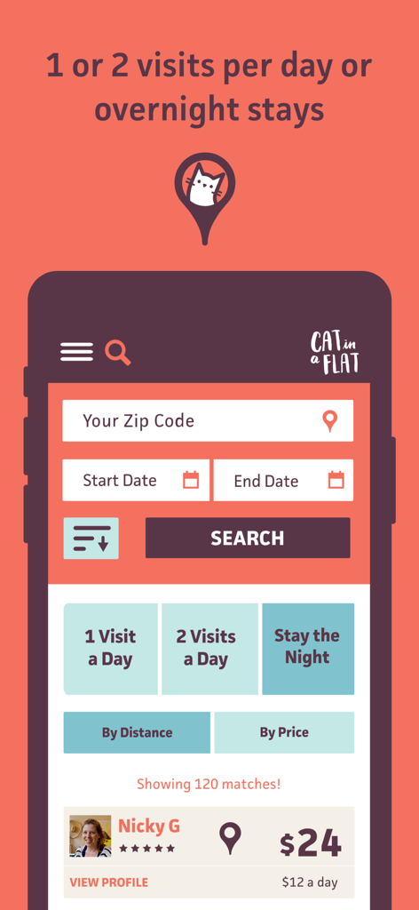 Cat in a Flat: Pet Cat Sitting - Search interface for cat sitters with filters for visits and overnight stays