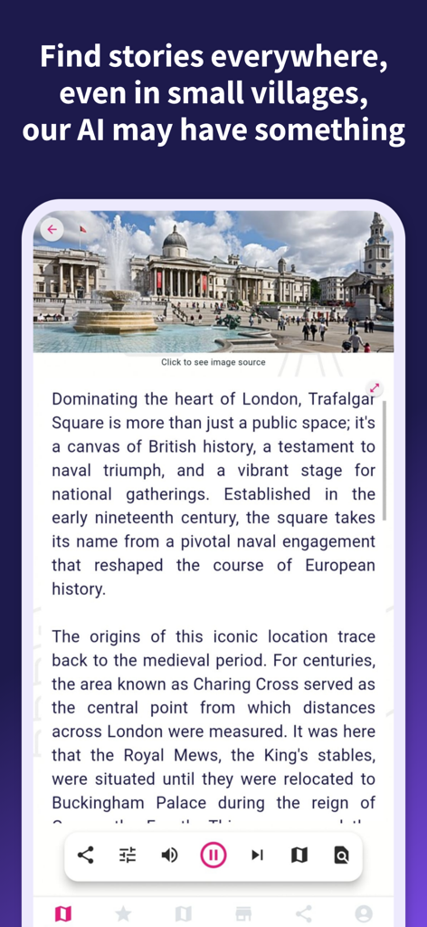 Road Trip: Voice Tour Guide AI - Voice tour guide app interface showing historical information about Trafalgar Square in London