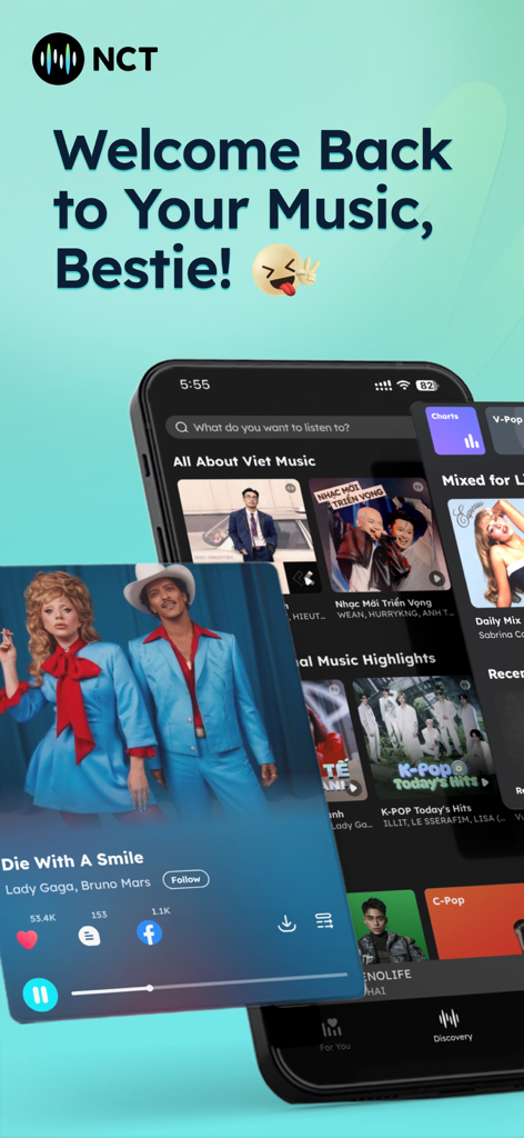 NCT - NhacCuaTui Nghe MP3 - Interface de l'application mobile NCT NhacCuaTui présentant des playlists de musique vietnamienne et mondiale avec un lecteur de chansons pour Lady Gaga et Bruno Mars.