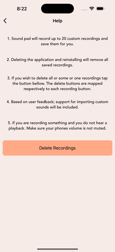 Help screen of the SoundPad app featuring instructions for custom recordings and a delete recordings button