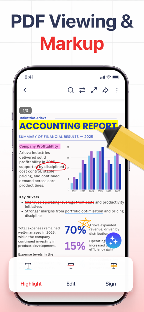 会計レポートをハイライトした、PDF表示とマークアップ機能を表示するiPhone画面。