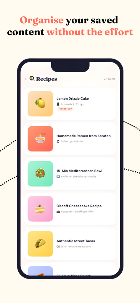 Stash Anything: Save & Sort - A mobile screen showing a list of saved recipes organized within the Stash Anything app