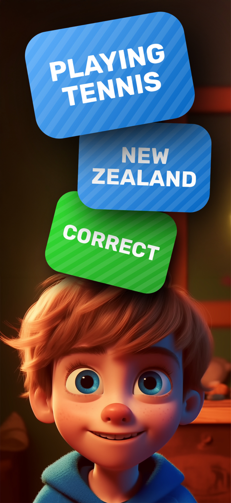 Hands Up! Charades Headbands - A cartoon boy with floating word cards for a charades headband game showing the word correct