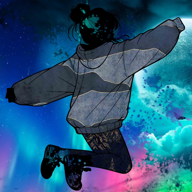 realistic girl jumping with a bun and oversized sweatshirt