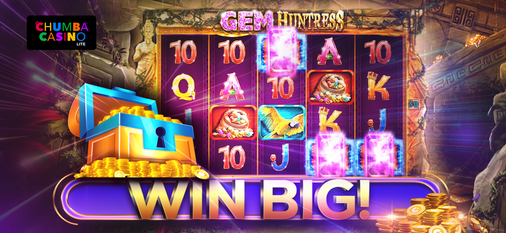 Chumba Lite – Casino games - Gem Huntress slot machine game in Chumba Lite showing a big win with a treasure chest full of gold coins