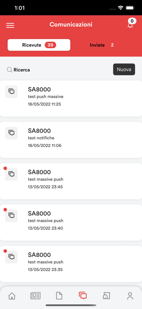 Camst People - Communications section of the Camst People app showing a list of received messages and notifications for employees