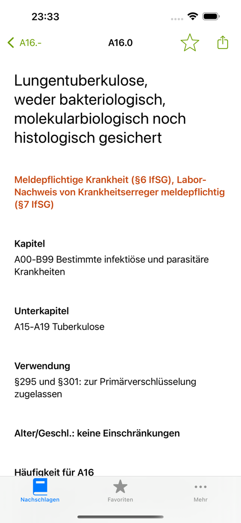 Screenshot of the ICD 10 app showing medical diagnosis details for code A16.0 Lungentuberkulose