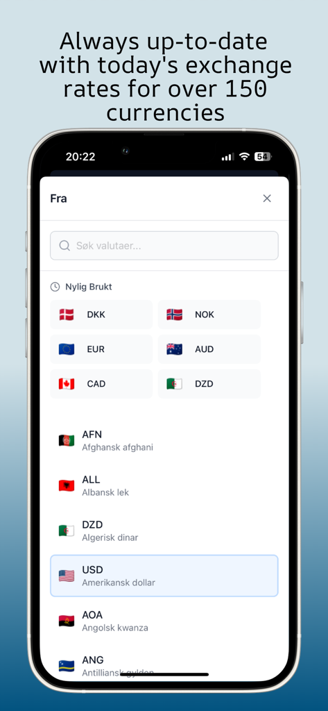 Valutakalkulator.net - Interface of Valutakalkulator app showing a list of over 150 currencies for selection.