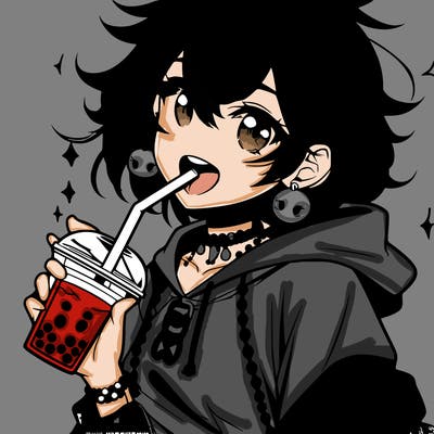 hot baddie anime girl drinking boba and biting the straw
