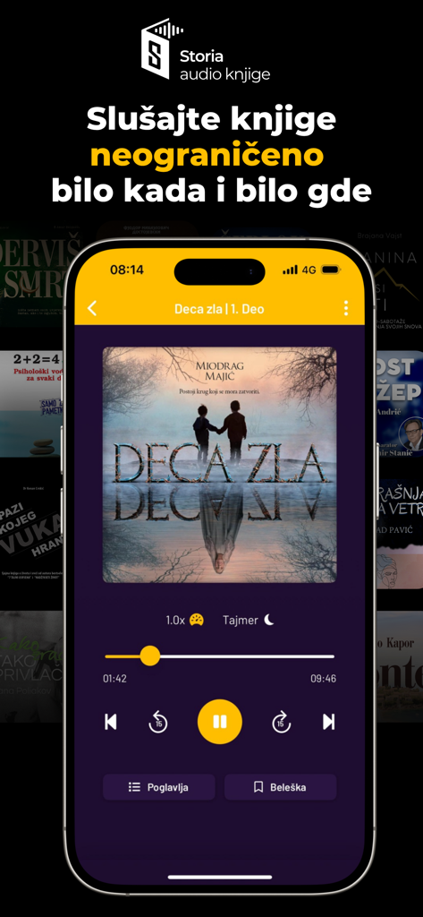 Storia audio knjige (by Sluš) - Storiaオーディオブックモバイルアプリのインターフェース。再生画面、コントロール、Deca zlaのブックカバーが表示されています。