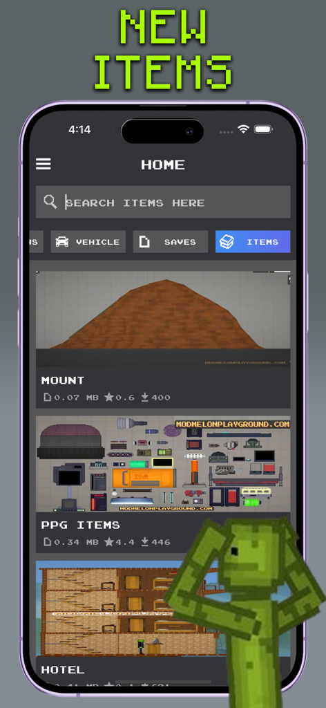 Mods for Melon Playgrounds - Interfaz de la aplicación Mods para Melon Playgrounds mostrando una lista de elementos y complementos descargables para el juego