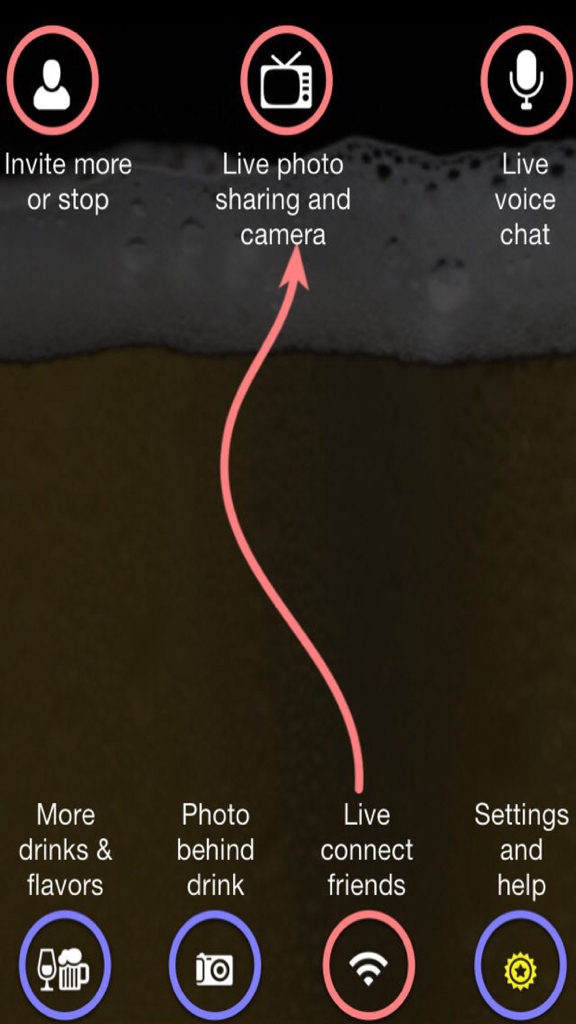 iBeer app interface showing icons for live voice chat photo sharing and connecting with friends over a simulated beer background