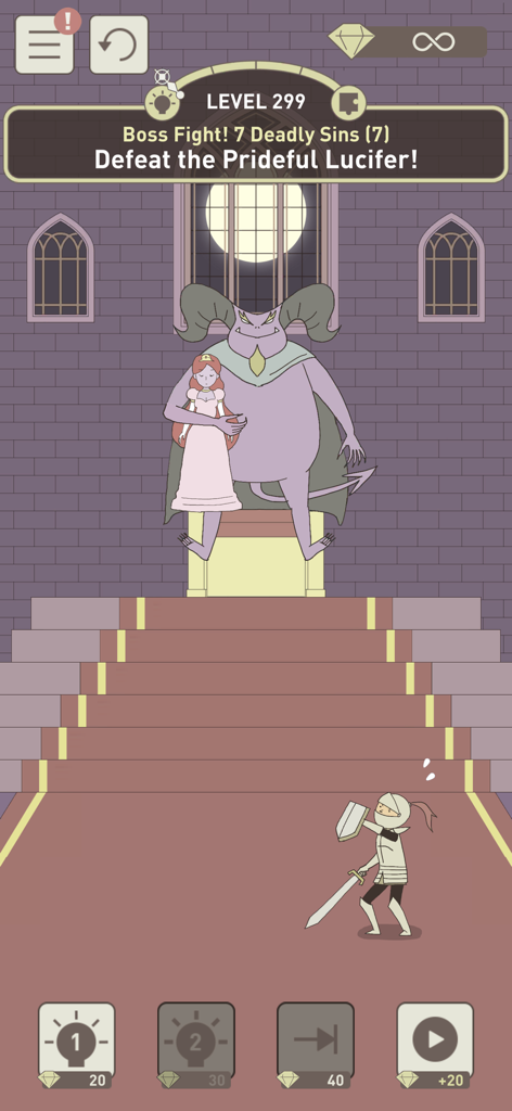 Un caballero enfrentándose al jefe gigante Lucifer que sostiene a una princesa en el juego móvil IQ Dungeon