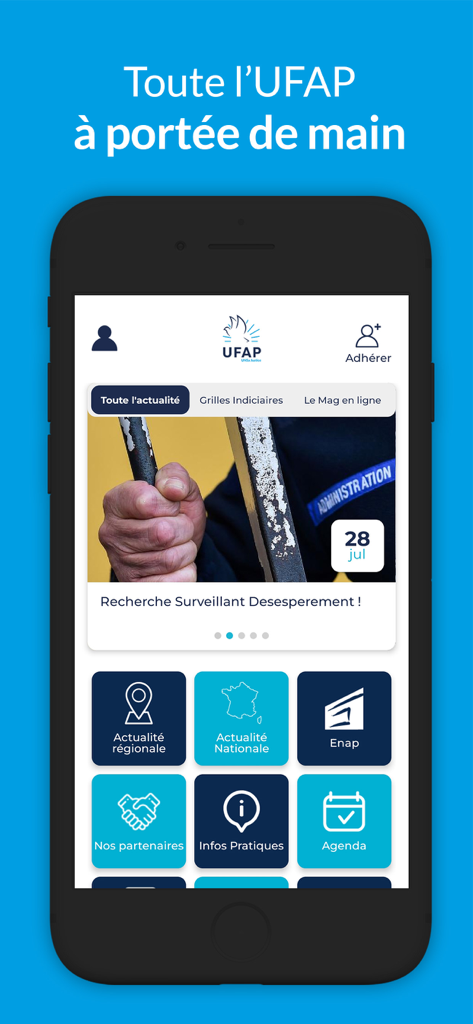 UFAP UNSa Justice - Schermata principale dell'app mobile UFAP UNSa Giustizia che mostra notizie sindacali e risorse amministrative per il personale carcerario.