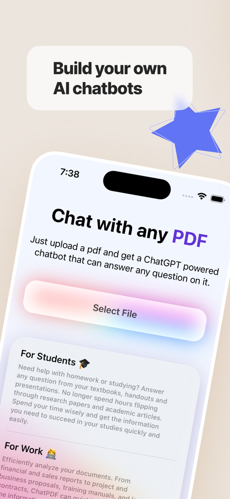 ChatPDF - AI Chat with any PDF - ChatPDFアプリのホーム画面。AIチャットボットの構築や、学生や仕事のプロフェッショナル向けのドキュメントとのチャットオプションが表示されています。