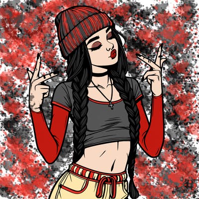 realistic teenage girl with braids and a beanie and crop top doing 🫶🏼
