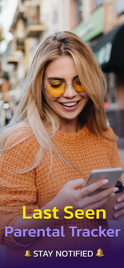 Eine lächelnde Frau, die ihr Smartphone benutzt, mit Textüberlagerung für den Zuletzt-Online-Eltern-Tracker