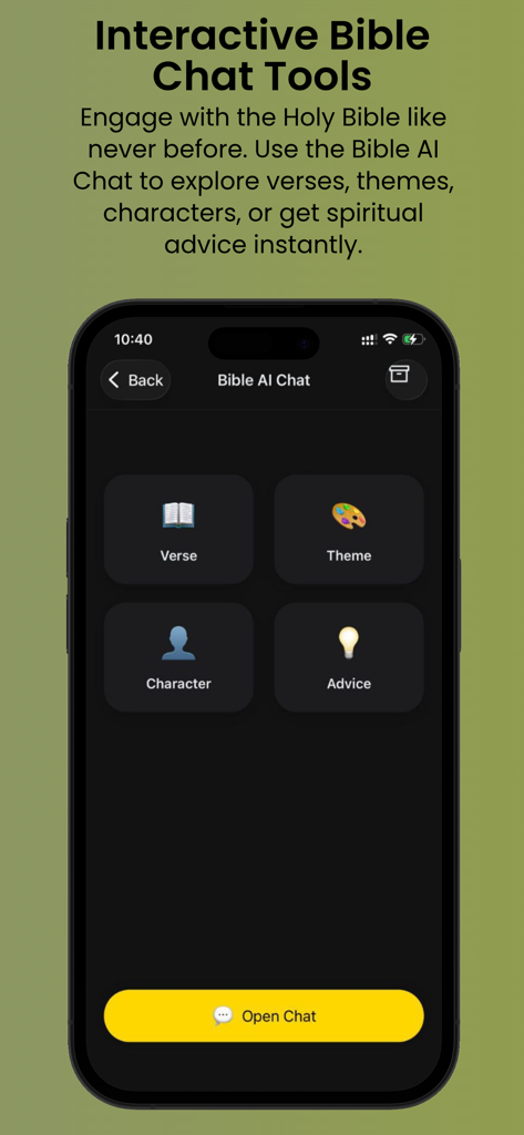 Pantalla de smartphone que muestra las herramientas de chat interactivo de BibleAI para estudio y asesoramiento espiritual