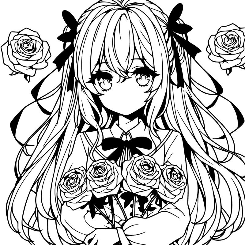 anime girl holding roses