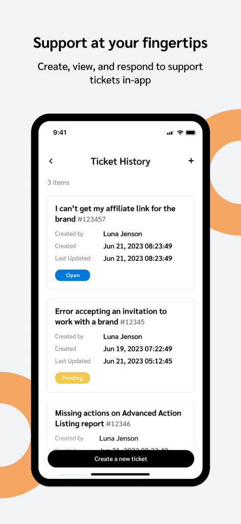 Écran mobile affichant l'historique des tickets et les options de support dans l'application impact.com