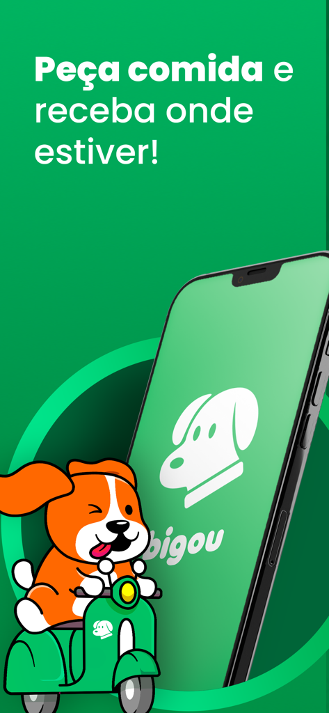 Bigou Delivery - Tela do aplicativo Bigou Delivery mostrando um mascote de cachorro em uma scooter e um smartphone com o logo da empresa