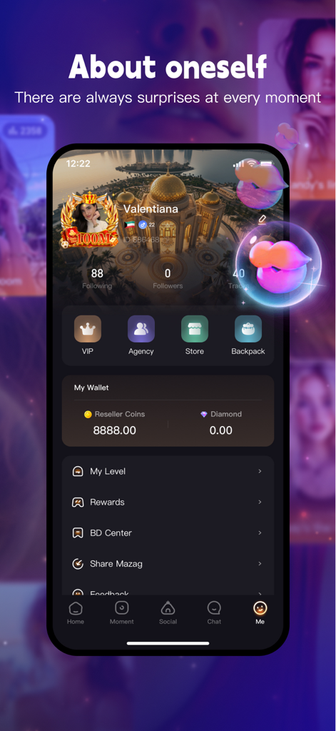 Ezzo-Voice Chat Party&Play - Ezzoアプリのユーザープロフィール画面。アカウント詳細、ウォレット残高、個人設定が表示されています。
