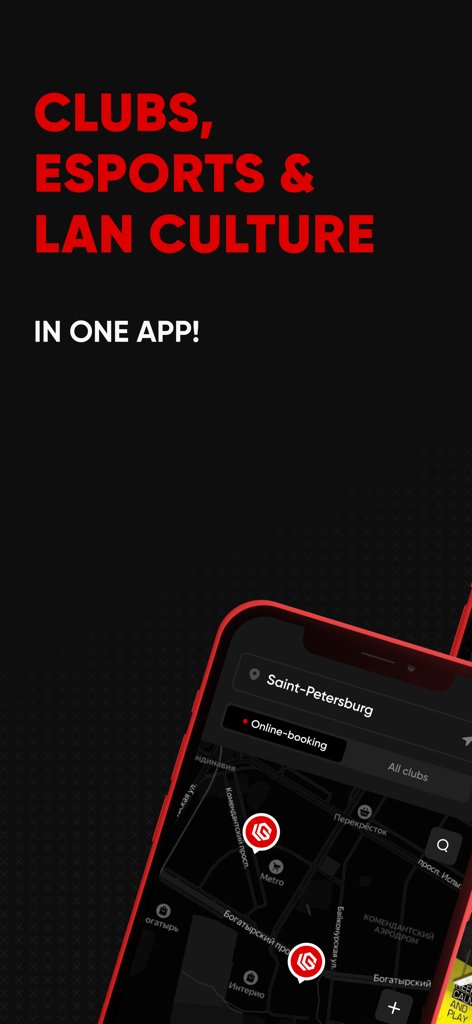 Smartphone screen displaying the LANGAME app with an interactive map of local gaming clubs and esports centers.