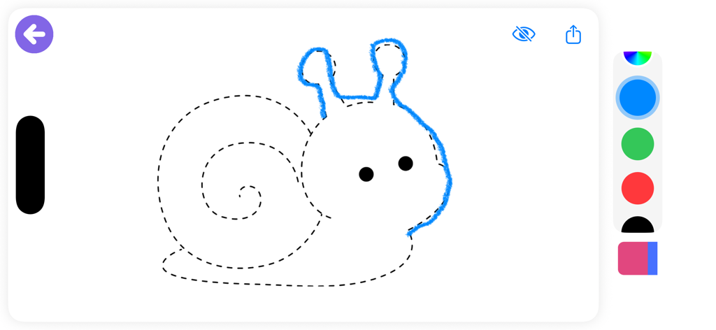 ABC 123 Letters Tracing Kids - A snail outline being traced with blue color in a kids educational drawing app