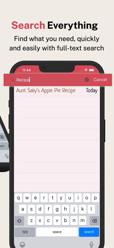Notepad: Easy Notes & Memos - A mobile screen showing the full text search feature in the Notepad app to quickly find a recipe note
