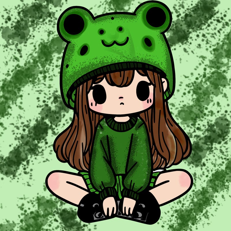 a girl wearing a frog hat and some frog socks