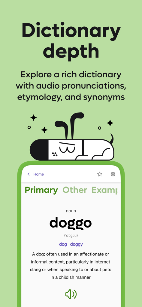 Kagi Translate 앱 인터페이스는 'doggo'라는 단어에 대한 자세한 사전 항목과 발음 및 동의어를 표시합니다.