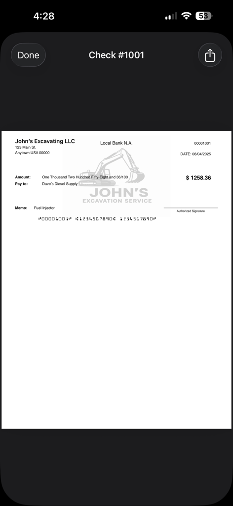 Professional bank check preview with MICR encoding and custom business watermark