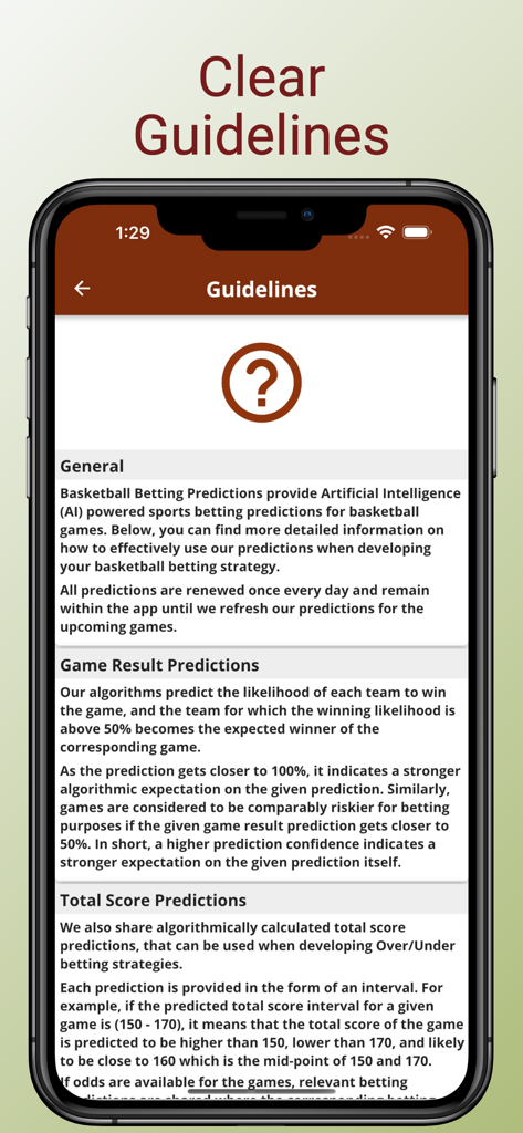 Basketball Wett-Tipps App-Richtlinien-Bildschirm, der KI-Vorhersagen und Spielergebniswahrscheinlichkeiten erklärt