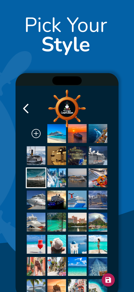 Cruise & Travel Countdown - A screen in the Cruise Countdown app allowing users to pick their style by selecting from various cruise ship and tropical destination background photos.