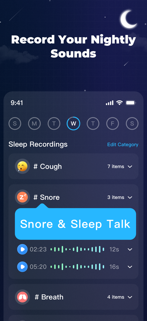 Interface do aplicativo Sleep Brain mostrando sons noturnos gravados, incluindo ronco e fala durante o sono