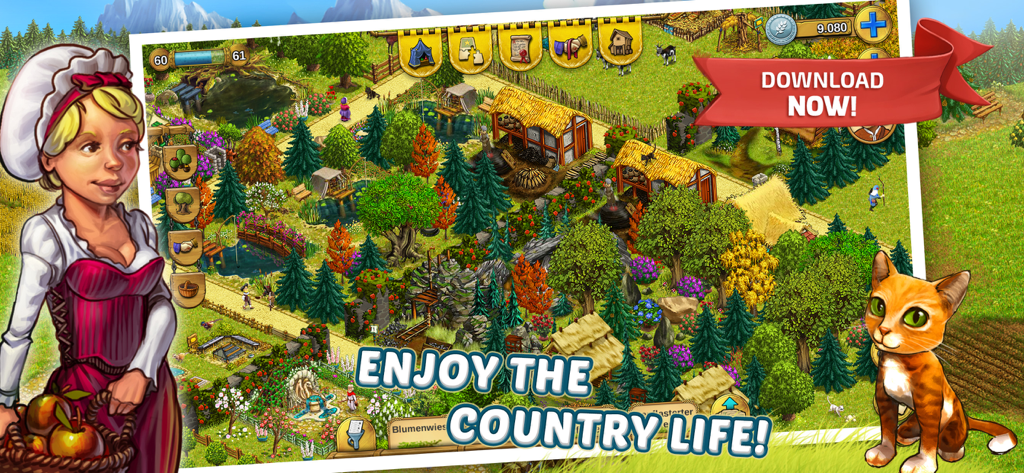 My Little Farmies Mobile - Escena de granja de aldea medieval con una mujer sosteniendo manzanas y un gato atigrado