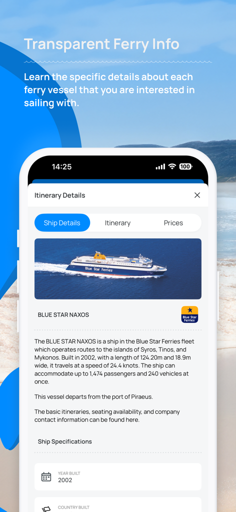 Ferryscanner: Book Your Ferry - Ferryscanner App-Bildschirm mit detaillierten Schiffsspezifikationen und technischen Daten eines Fährschiffs