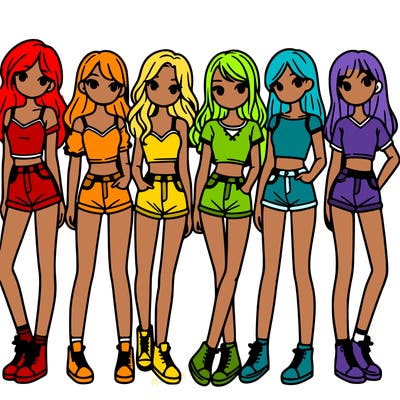 a group of girls wearing crop tops and shorts